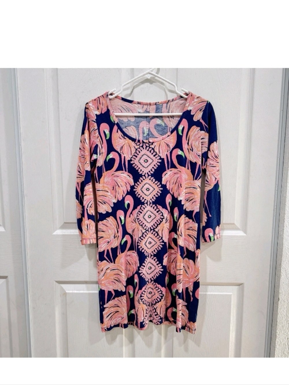 Navy Floral Flamingo Scoop-Neck Long Sleeve Dress